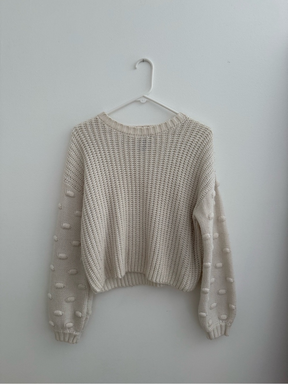 Madewell Cream Textured Pom-Pom Sleeve Crewneck Sweater